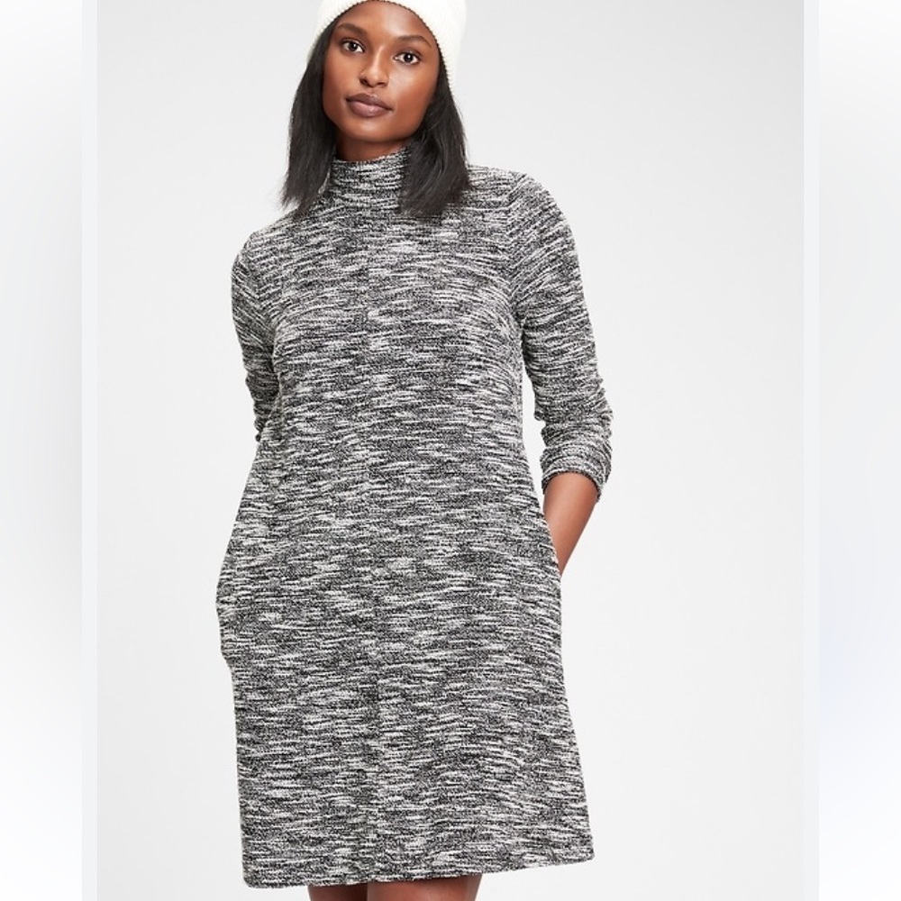 Gap Womens Boucle Mock Neck Swing Sweater Dress Long Sleeve Black White Marl
